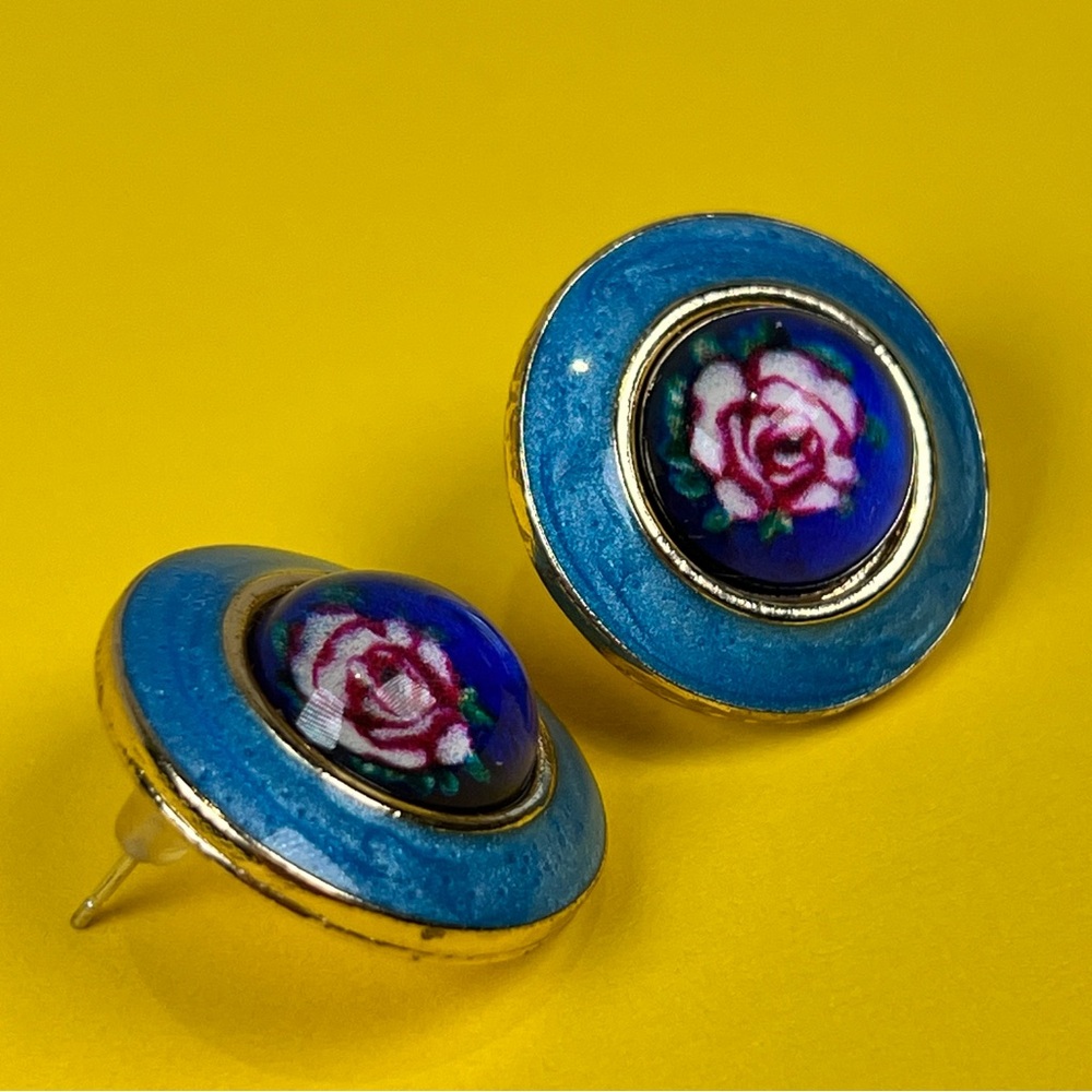 Blue and Gold Floral Stud Earrings